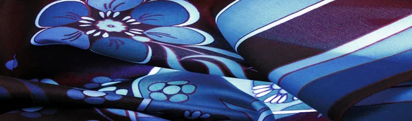 Коричнево Блакитна Тканина Принтом Білих Квітів Геометричними Лініями Текстура Фон — стокове фото