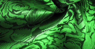 Çiçek desenli yeşil ipek kumaş, güzel görünüş, eşsiz parlaklık kabartmalı desen, bileşik tekstil