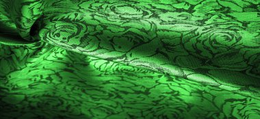 Çiçek desenli yeşil ipek kumaş, güzel görünüş, eşsiz parlaklık kabartmalı desen, bileşik tekstil