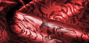 Çiçek desenli kırmızı ipek kumaş, güzel görünüş, eşsiz parlaklık kabartmalı desen, bileşik tekstil. rahatlama deseni