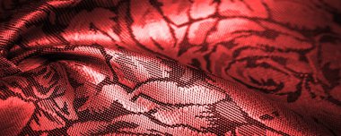 Çiçek desenli kırmızı ipek kumaş, güzel görünüş, eşsiz parlaklık kabartmalı desen, bileşik tekstil. rahatlama deseni