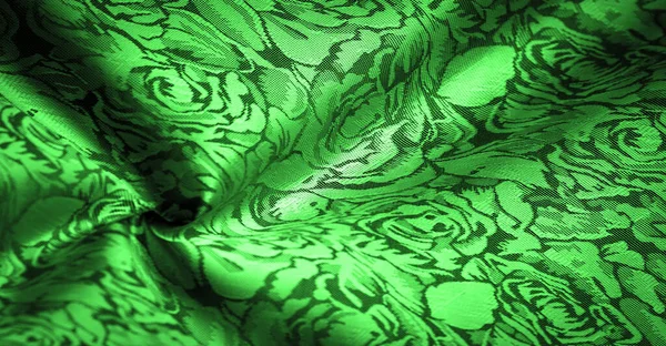 Çiçek Desenli Yeşil Ipek Kumaş Güzel Görünüş Eşsiz Parlaklık Kabartmalı — Stok fotoğraf