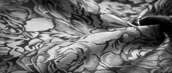 Черный Шелк Ткань Цветочным Узором Уникальный Блеск Тисненый Узор Композитный — стоковое фото
