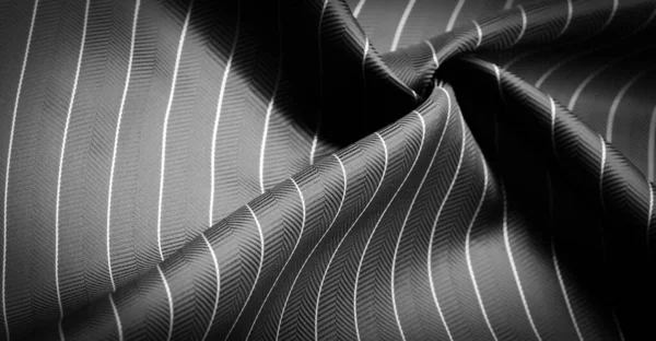 Sötét Fekete Selyem Szövet Vékony Fehér Csíkkal Cable Texturált Minta — Stock Fotó