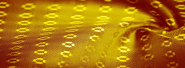 Silk Fabric Made Yellow Gold Small Patterns Squares Rhombuses Wealth — Stock Photo, Image