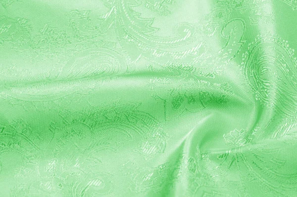 Tecido Seda Verde Uma Mistura Animada Listras Paisley Florais Diagonais — Fotografia de Stock