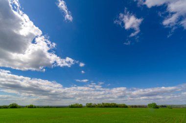 Yeşil ve bulutlu gökyüzü ile yaz manzarası