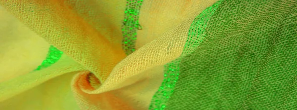 Шовкова Тканина Великі Жовто Зелені Смуги Розділені Смугою Смарагдового Золота — стокове фото