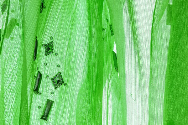 Jedwabny Wzór Zielony Materiał Klejonych Dekoracyjnych Kamieni Twardych Tło Tekstury — Zdjęcie stockowe