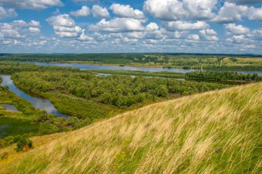 Nehir manzarası, yeşillik ve bulutlu gökyüzü