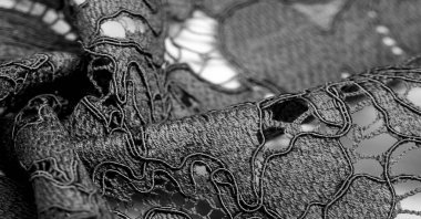  Siyah dantel kumaş, kabartmalı dantel kumaş, her iki tarafında da istiridye. Projeleriniz için uygun, tasarım, vesaire. Doku, arkaplan