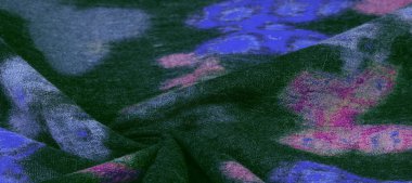 Kelebek desenli yeşil yün kumaş. Yeşil kırmızı mavi. Dekor modern, tekstil sanatı, doku, arkaplan, desen
