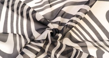 İpek kumaş, siyah beyaz soyut çizgiler. Soyut siyah beyaz desenli büyülü bir şekil. Retro modern dekor, tekstil sanatı, tasarım, doku, arkaplan, kalıp