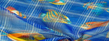 Lacivert ipek kumaş, mercan resifi balığı, deniz teması. Çocuk sanatı. arkaplan, doku, desen