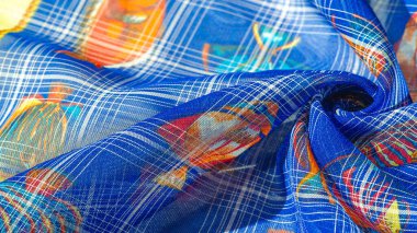 Lacivert ipek kumaş, mercan resifi balığı, deniz teması. Çocuk sanatı. arkaplan, doku, desen