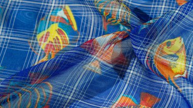 Lacivert ipek kumaş, mercan resifi balığı, deniz teması. Çocuk sanatı. arkaplan, doku, desen