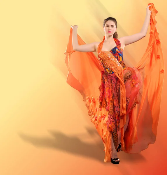 Studio Photography Self Portrait Girl Red Long Dress Imagines Butterfly — Stock Photo, Image