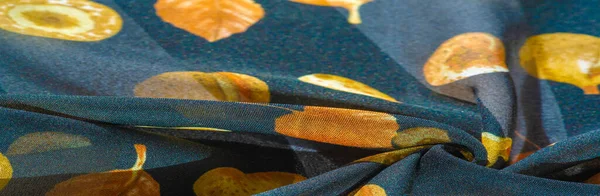 Tejido Seda Azul Con Estampado Hojas Amarillas Otoño Textura Patrón —  Fotos de Stock