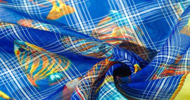 Lacivert ipek kumaş, mercan resifi balığı, deniz teması. Çocuk sanatı. arkaplan, doku, desen