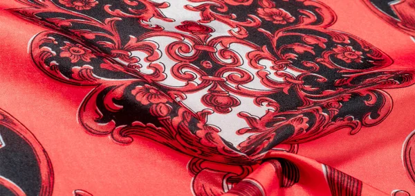 Červená Hedvábná Látka Gotickým Vzorem Bohaté Hedvábné Gotické Tisky Sytě — Stock fotografie