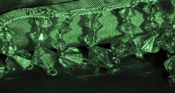 Deep Emerald Silk Fabric Decorated Green Glass Beads Decor Decorated — Stock Photo, Image