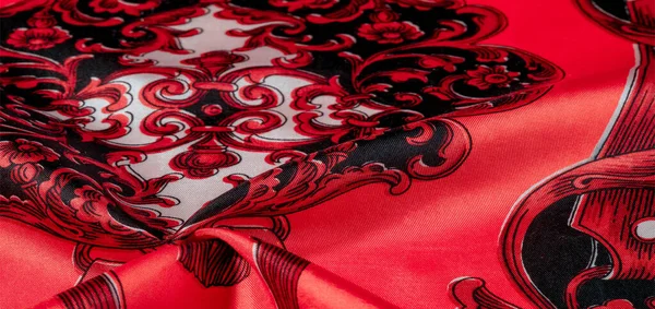 Красная Шелковая Ткань Готическим Узором Богатый Шелк Готических Отпечатков Богатых — стоковое фото
