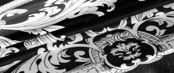 Текстура Фон Черная Шелковая Ткань Монограммой Узор Изысканный Узор Филигранной — стоковое фото