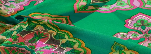 Textura Fundo Tecido Seda Multicolorido Com Padrão Padrões Fundo Verde — Fotografia de Stock