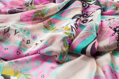 Kumaş ipek doku kahverengi, mavi, beyaz ve sarı. Fotoğraf stüdyosu