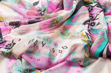 Kumaş ipek doku kahverengi, mavi, beyaz ve sarı. Fotoğraf stüdyosu