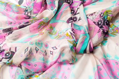 Kumaş ipek doku kahverengi, mavi, beyaz ve sarı. Fotoğraf stüdyosu