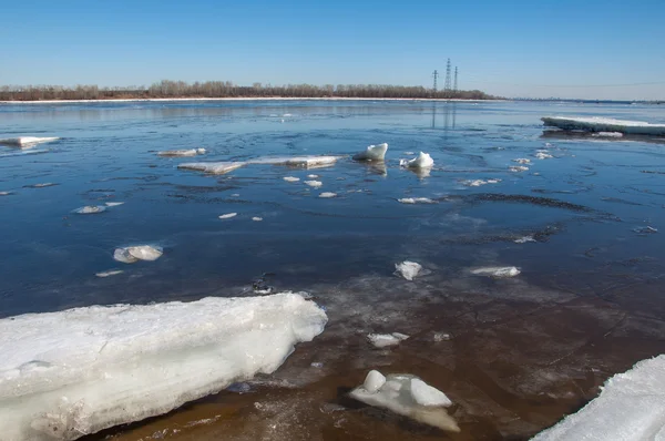 River With Broken Ice. energy pillars.  ice hummocks on the river in spring. landscape close-up ice drift on the river in the spring on a sunny day