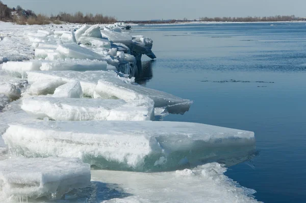 Spring flooding, ice water, Early spring on the river. Russia Tatarstan Kama river in early spring