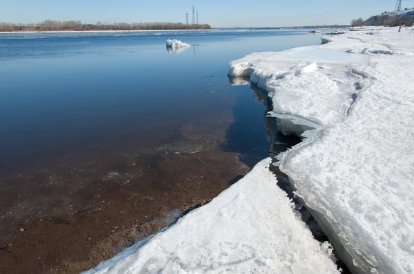 Spring flooding, ice water, Early spring on the river. Russia Tatarstan Kama river in early spring