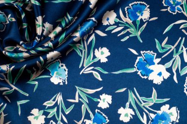 Kumaş ipek doku mavi, çiçekler, soyut