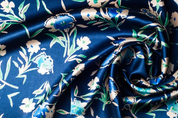 Ткань шелковая текстура синий, цветы, абстрактные — стоковое фото