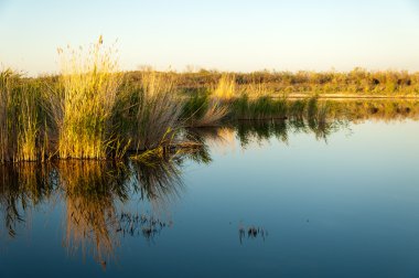 Olay yerinde bozkır gölde akşam güzel gökyüzü altında küçük bir göl