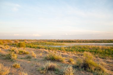 Güzel gökyüzü altında küçük bir göl. akşam olay yerinde bozkır, yatay, bozkır güzel yaz gün bataklıkta gölde. Göl sahnesinde yaz