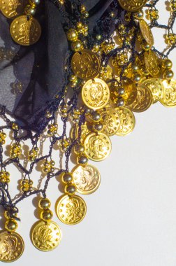 İpek kumaş dokusu, mavi, altın sikke. Oryantal tarzda