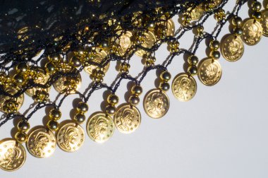 İpek kumaş dokusu, mavi, altın sikke. Oryantal tarzda