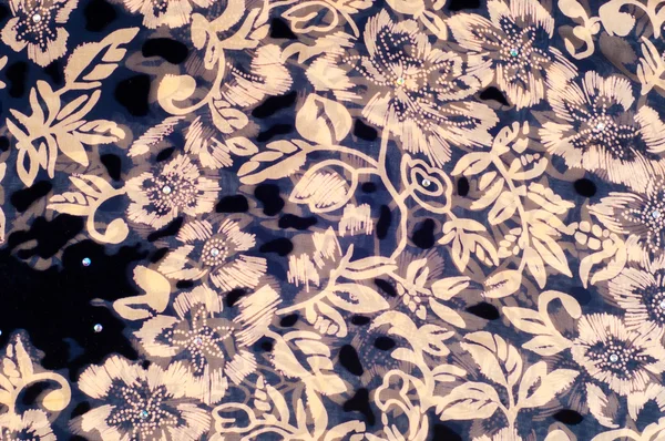 Textury Hedvábné Tkaniny Tmavě Modrá Zlata Malované Květy — Stock fotografie