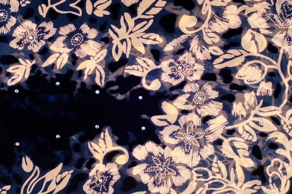 Textura Pano Seda Azul Escuro Com Flores Pintadas Ouro — Fotografia de Stock