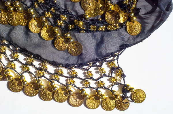 Zijde stof textuur, blauw, gouden munten. Oosterse stijl — Stockfoto