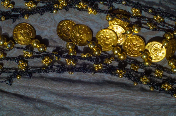 Seidentextur, blau, Goldmünzen. orientalischer Stil — Stockfoto