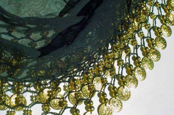 Silk fabric texture, blue, gold coins. Oriental style