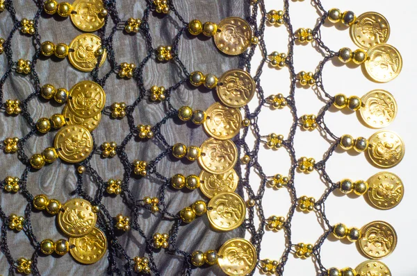 Textura de tecido de seda, azul, moedas de ouro. Estilo oriental — Fotografia de Stock