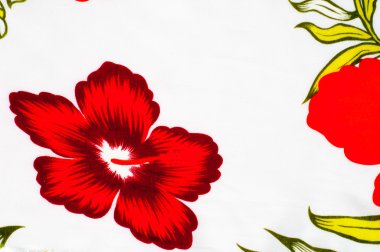 Pamuk kumaş dokusu, arka plan, beyaz zemin üzerine kırmızı çiçekler boyanmış. tropikal ve subtropikal bitki tohumları çevreleyen yumuşak beyaz lifli madde