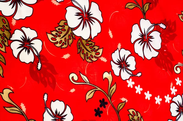 Baumwollgewebe Textur Hintergrund Gemalte Weiße Blumen Auf Rotem Hintergrund Eine — Stockfoto