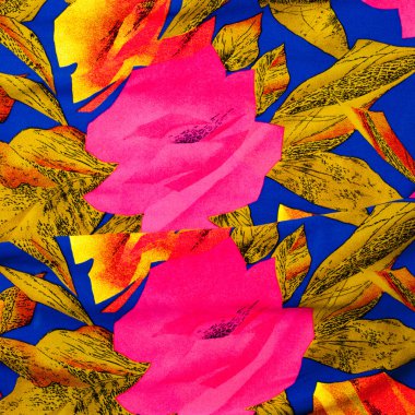 Doku ipek kumaş, mavi bir arka plan üzerinde kırmızı ve sarı çiçek