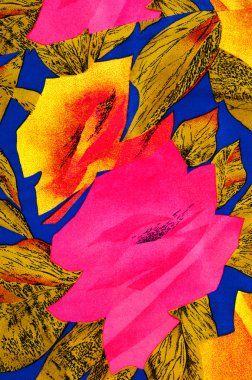 Doku ipek kumaş, mavi bir arka plan üzerinde kırmızı ve sarı çiçek